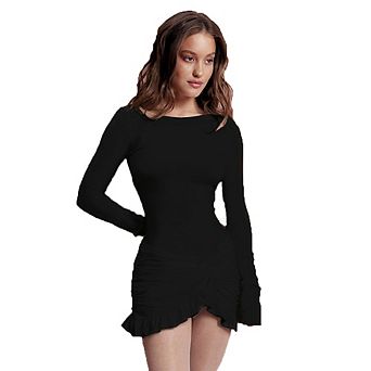 Women's Long Sleeve Twist Front Ruffle Mini Dress Fitted Casual Dress