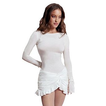 Women's Long Sleeve Twist Front Ruffle Mini Dress Fitted Casual Dress