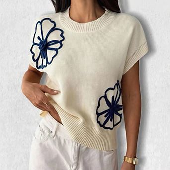 Women's 3D Print Crewneck Pullover Sweater - Casual Textured Knit Relaxed Fit Top