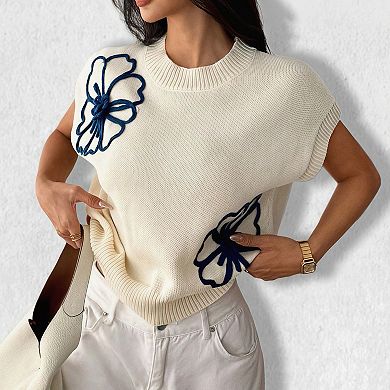 Women's 3D Print Crewneck Pullover Sweater - Casual Textured Knit Relaxed Fit Top