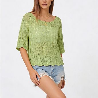 Women Half Sleeve Openwork Knit Blouse Round Neck Loose Fit Summer Crochet Top