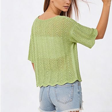 Women Half Sleeve Openwork Knit Blouse Round Neck Loose Fit Summer Crochet Top
