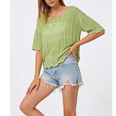 Women Half Sleeve Openwork Knit Blouse Round Neck Loose Fit Summer Crochet Top