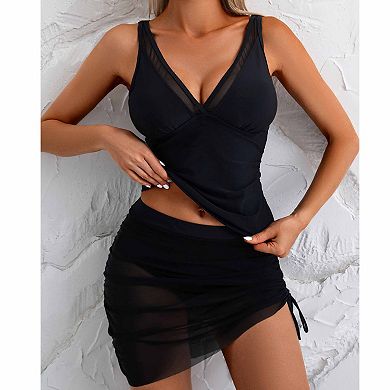 Women's Active Two-Piece Swimwear Mesh Tankini with Ruched Skirt