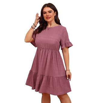 Womens Plus Size Casual Puff Short Sleeve Crewneck Smocked Flowy Ruffle Boho Party Sundress