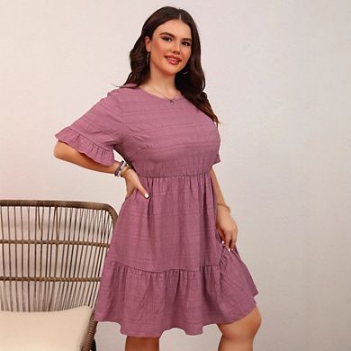Womens Plus Size Casual Puff Short Sleeve Crewneck Smocked Flowy Ruffle Boho Party Sundress