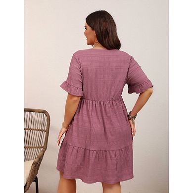 Womens Plus Size Casual Puff Short Sleeve Crewneck Smocked Flowy Ruffle Boho Party Sundress