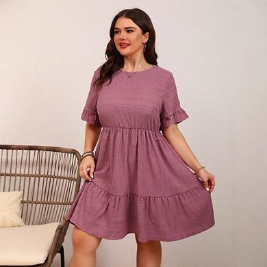 Womens Plus Size Casual Puff Short Sleeve Crewneck Smocked Flowy Ruffle Boho Party Sundress