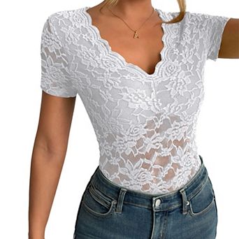 Women's Sheer Floral Lace Summer Shirt Short Sleeve V Neck Boho Top Casual Slim Fit Blouse