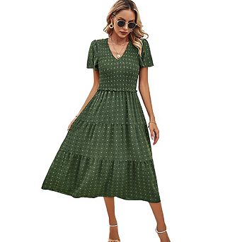 Women's V-Neck Short Sleeve Smocked Tiered Midi Dress Casual Flowy Summer Dress