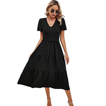 Women's V-Neck Short Sleeve Smocked Tiered Midi Dress Casual Flowy Summer Dress