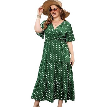 Womens Plus Size Polka Dot Casual V Neck Short Sleeve A Line Pleated Hem Swing Maxi Dress