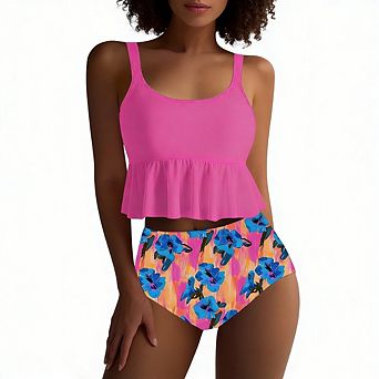 Women's 2 pc Floral Swimsuit Ruffle Hem Tankini Top High Waist Bottom for Beach Pool