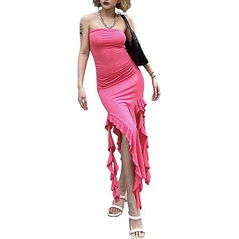 Women's Strapless Asymmetric Ruffle Midi Dress Bodycon Party Dress