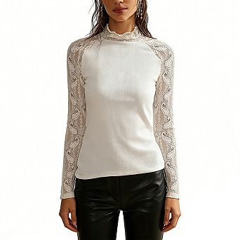 Women's Ruffled Mock Neck Lace Sleeve Top Ribbed Knit Long Lace Sleeve Blouse Elegant Fitted Top