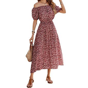 Women's Boho Off Shoulder Short Sleeve Midi Dresses Floral Print A Line Beach Vacation Dress