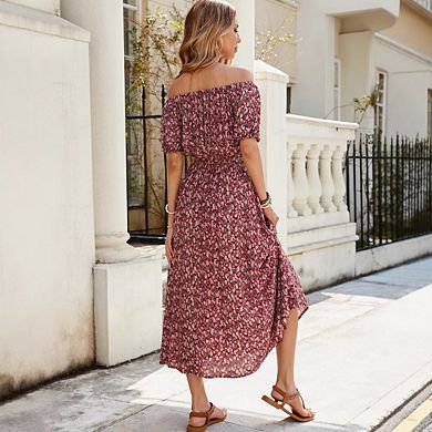 Women's Boho Off Shoulder Short Sleeve Midi Dresses Floral Print A Line Beach Vacation Dress