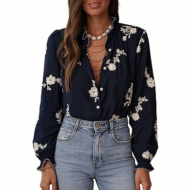 Womens Summer Long Lantern Sleeve Jacquard Fall Casual Shirt Button Ruffle Collar Tops Loose Blouses