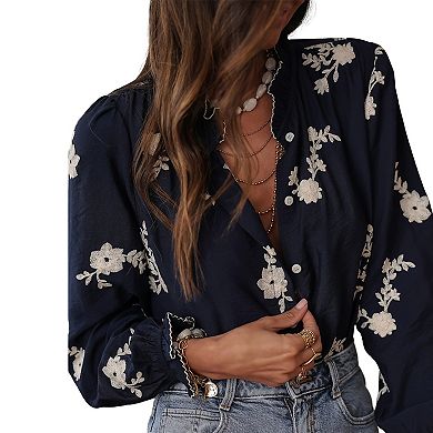 Womens Summer Long Lantern Sleeve Jacquard Fall Casual Shirt Button Ruffle Collar Tops Loose Blouses