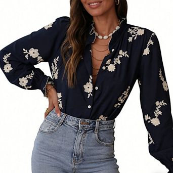 Womens Summer Long Lantern Sleeve Jacquard Fall Casual Shirt Button Ruffle Collar Tops Loose Blouses