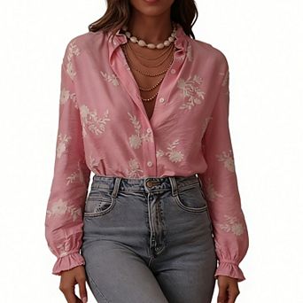 Womens Summer Long Lantern Sleeve Jacquard Fall Casual Shirt Button Ruffle Collar Tops Loose Blouses