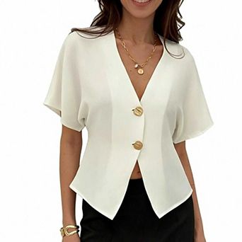 Women's Short Sleeve V Neck Button Top, Asymmetric Hem Casual Blouse