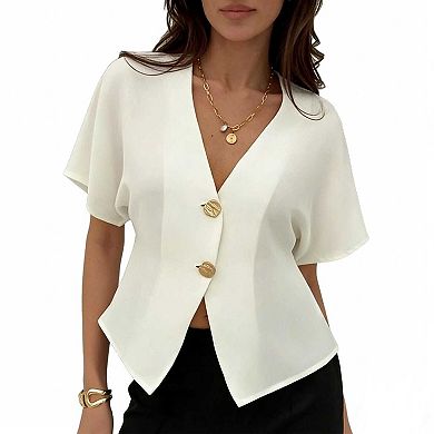 Women's Short Sleeve V Neck Button Top, Asymmetric Hem Casual Blouse