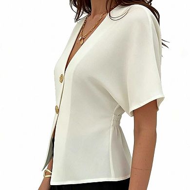 Women's Short Sleeve V Neck Button Top, Asymmetric Hem Casual Blouse