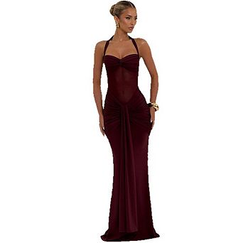 Women's Halter Sweetheart Neck Ruched Mermaid Maxi Dress Formal Evening Gown
