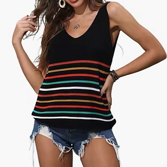 Women's Color Block Striped Sleeveless Top - V-Neck Casual Tank Summer Blouse