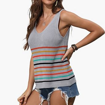 Women's Color Block Striped Sleeveless Top - V-Neck Casual Tank Summer Blouse