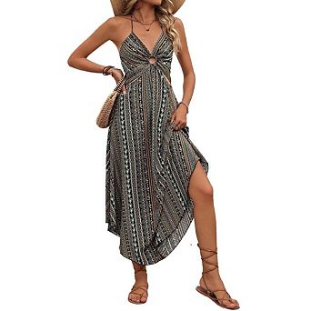 Women's Summer Floral Printing Beach Dresses V-Neck Spaghetti Straps Tie Back Dress