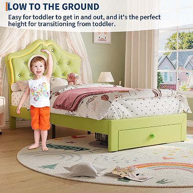 Twin Size Bed Frame with Storage Drawers & LED Lights, Noise-Free Slats, No Box Spring Needed