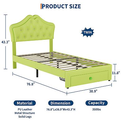 Twin Size Bed Frame with Storage Drawers & LED Lights, Noise-Free Slats, No Box Spring Needed