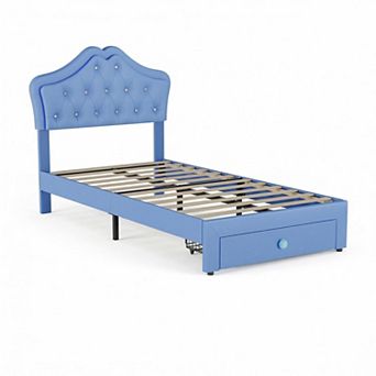 Twin Size Bed Frame with Storage Drawers & LED Lights, Noise-Free Slats, No Box Spring Needed