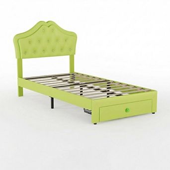 Twin Size Bed Frame with Storage Drawers & LED Lights, Noise-Free Slats, No Box Spring Needed