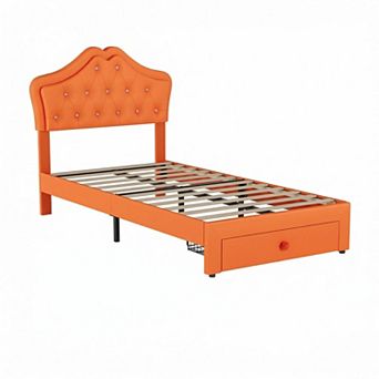 Twin Size Bed Frame with Storage Drawers & LED Lights, Noise-Free Slats, No Box Spring Needed