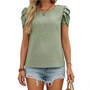 Women's Textured Short Sleeve Blouse, Round Neck Petal Sleeve Office Casual Top