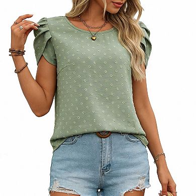 Women's Textured Short Sleeve Blouse, Round Neck Petal Sleeve Office Casual Top