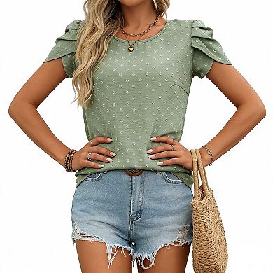 Women's Textured Short Sleeve Blouse, Round Neck Petal Sleeve Office Casual Top