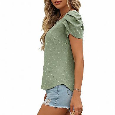 Women's Textured Short Sleeve Blouse, Round Neck Petal Sleeve Office Casual Top