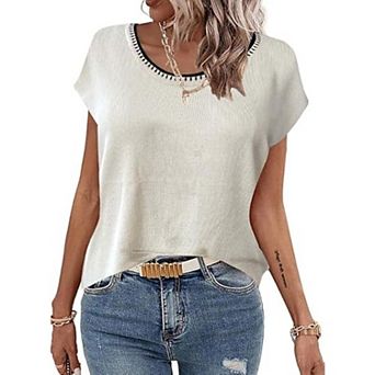 Zeagoo Women's Cap Sleeve Crew Neck Loose Fit Lightweight Knit Pullover Sweater Tops