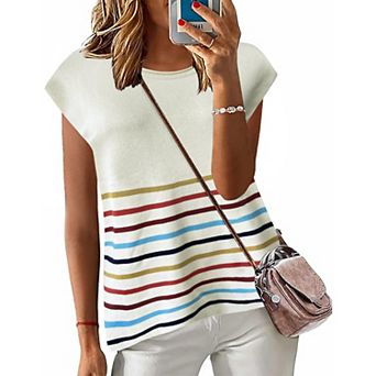 Zeagoo Women's Cap Sleeve Crew Neck Loose Fit Lightweight Knit Pullover Sweater Tops