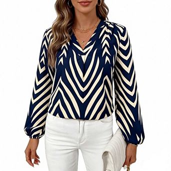 Women's Long Sleeve Chevron Print Top, V Neck Casual Elegant Blouse