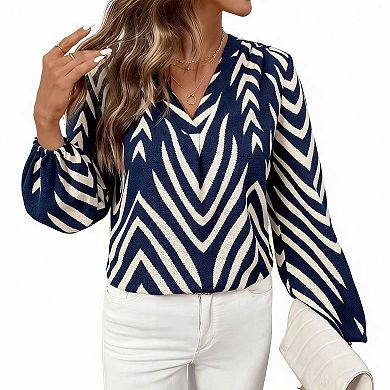 Women's Long Sleeve Chevron Print Top, V Neck Casual Elegant Blouse