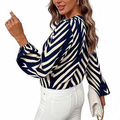 Women's Long Sleeve Chevron Print Top, V Neck Casual Elegant Blouse