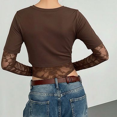 Women's Lace Trim Bodysuit - Long Sleeve Waist-Defining Mesh Cutout One Piece Top