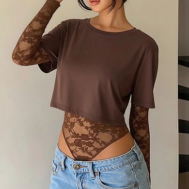 Women's Lace Trim Bodysuit - Long Sleeve Waist-Defining Mesh Cutout One Piece Top