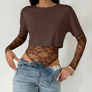Women's Lace Trim Bodysuit - Long Sleeve Waist-Defining Mesh Cutout One Piece Top