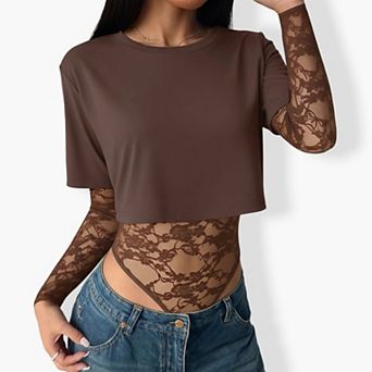 Women's Lace Trim Bodysuit - Long Sleeve Waist-Defining Mesh Cutout One Piece Top